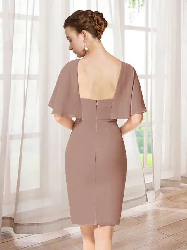 Wholesale Mother of the Bride Dress Elegant Jewel Neck Short Mini Chiffon Short Sleeve with Ruffles